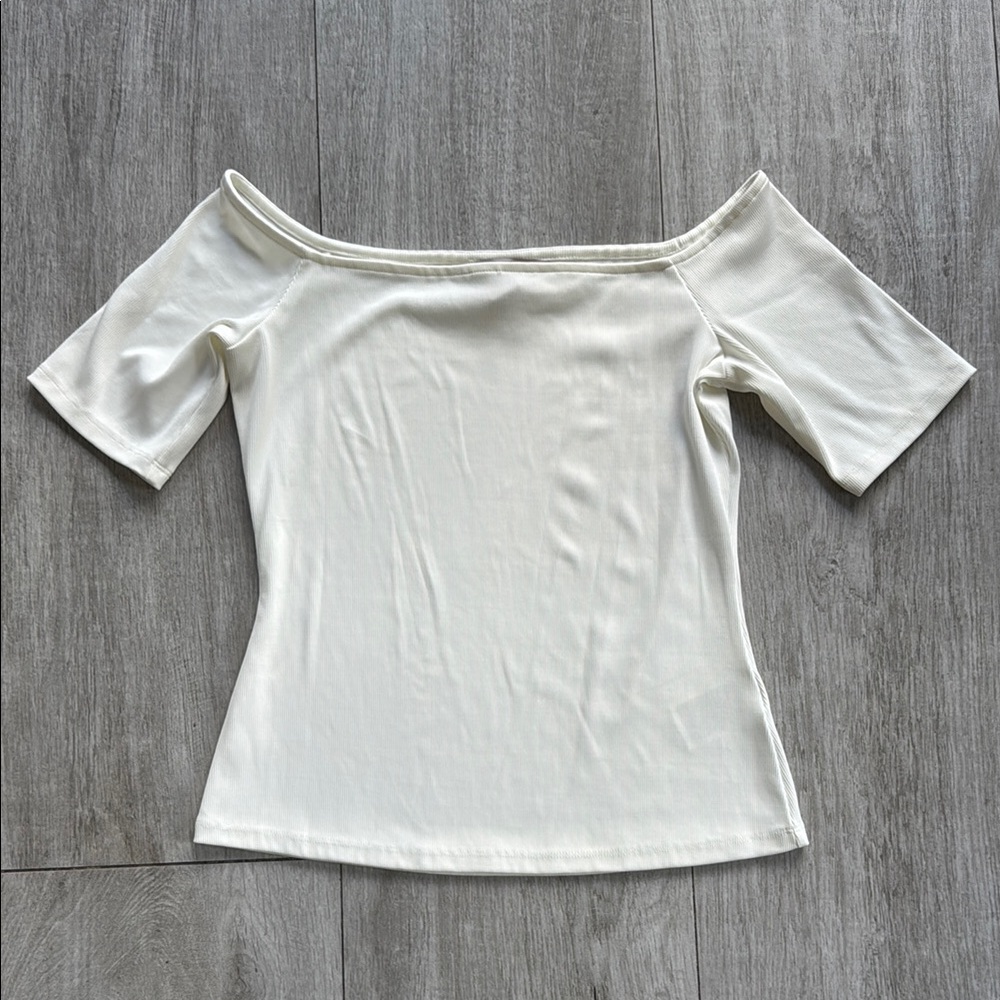 H&M Off Shoulder Ribbed White Tee Top Size M